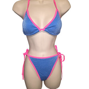 Women’s Blue Glitter Bikini Set Medium Neon Pink Trim Tie Side Swimsuit